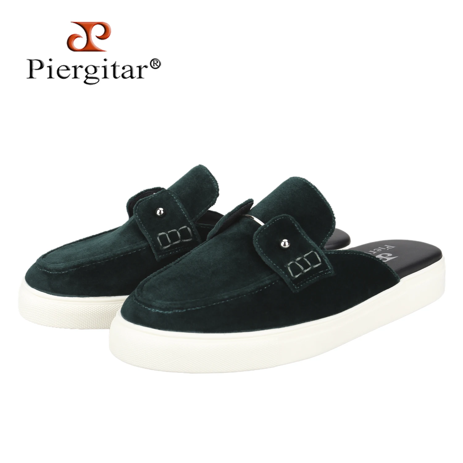 Piergitar Leisure Style Multicolored Velvet Open-Heel Boat Shoe With Metallic Collar Pin Held By Hand-Stitched Banner Men Mules