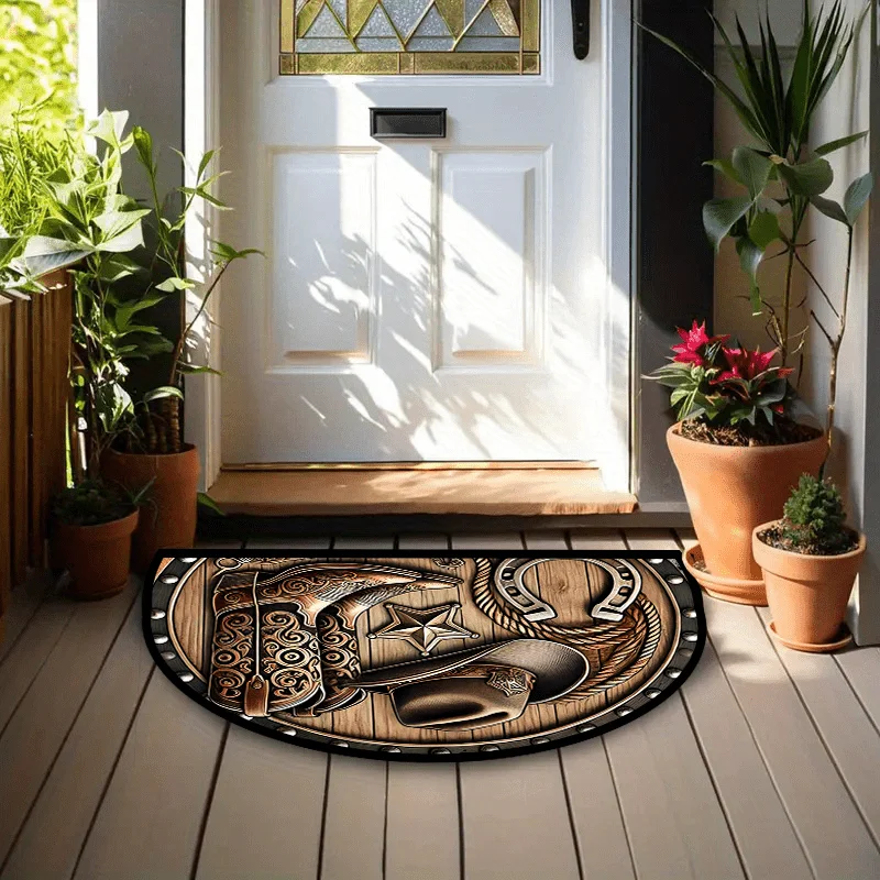VIKAMA Western Cowboy Horseshoe Doormat Vintage Leather Rope Edge Non-Slip Entrance Mat for Home Patio Porch