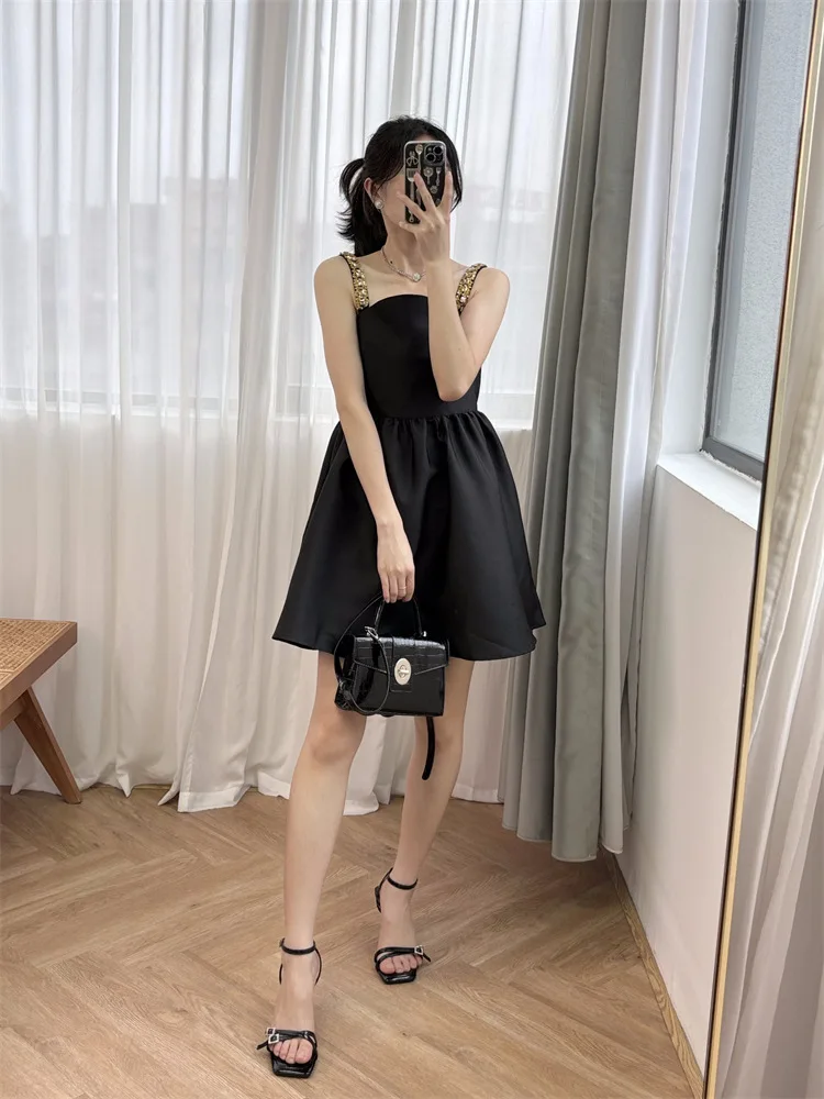 

New 2024 Summer High Quality Women Hepburn Style Classic Fluffy Short Dress Rhinestone Decoration A-Line Elegant Sweet Chic SP