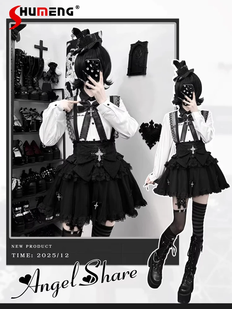 

Japanese Mines Style Subculture Embroidered Long Sleeve Shirts High Waist Black Y2K Skirts Two-Piece Sets for Women Spring 2026