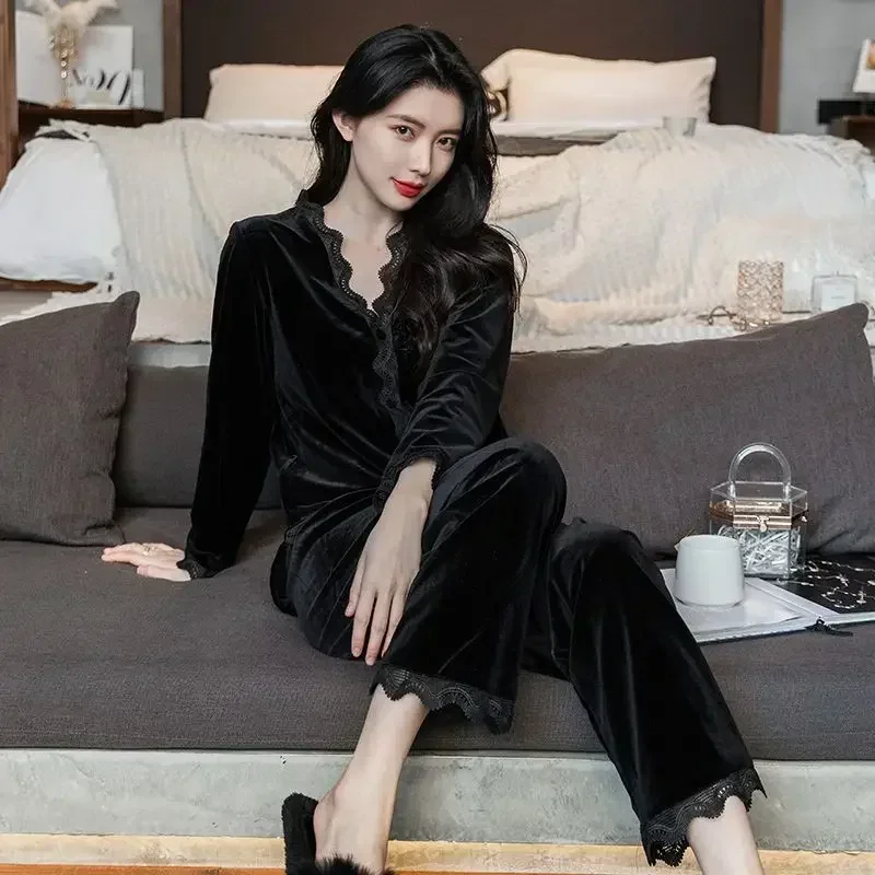 Sexy Lace Plus Size V-neck Nightwear Homewear Pajamas Female Fall And Winter New Long-sleeved Cardigan Suit Spring Velvet