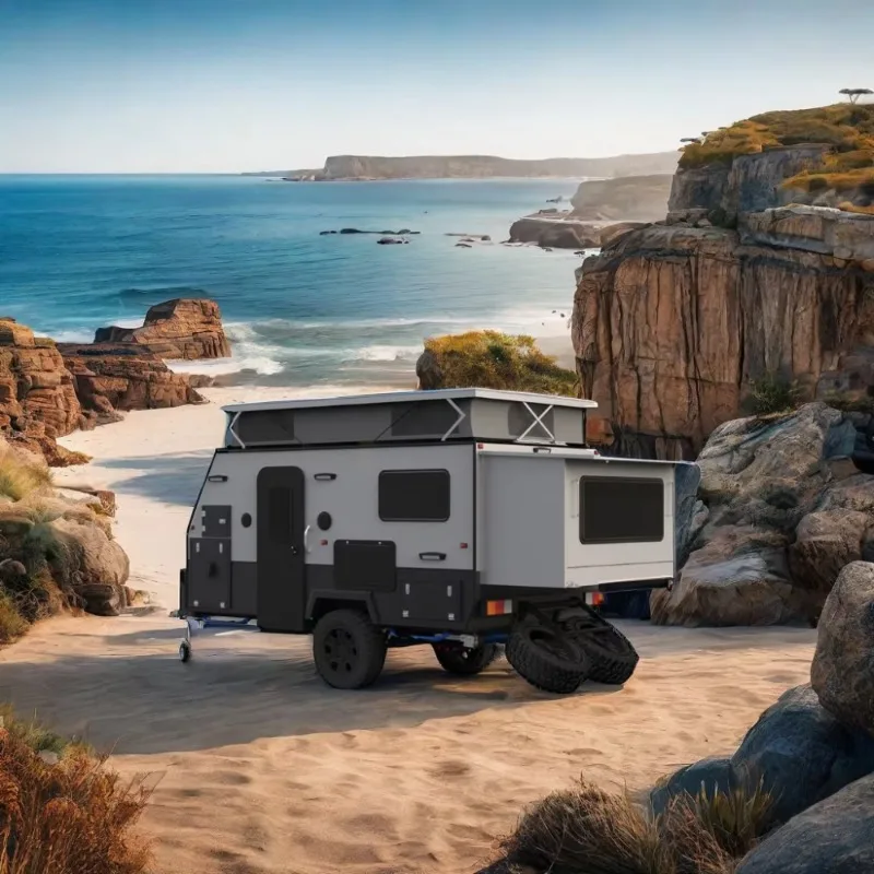 2024 Nuovo rimorchio per camper in alluminio 4x4 per roulotte fuoristrada da 12 piedi con cucina scorrevole e tenda per il campeggio