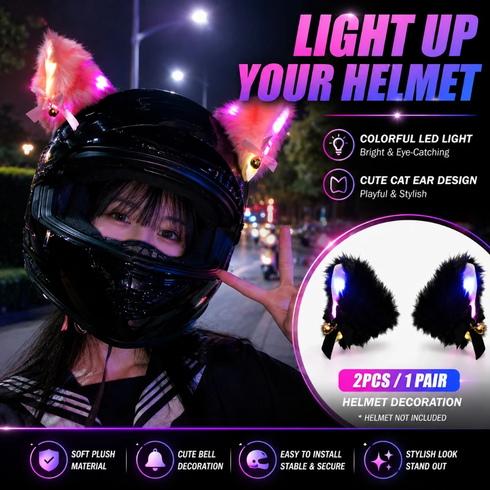 1 Pair  Motorcycle Helmets Cat Ears Plush Decoration Colorful Light Full Face Motocross Off Road Helmet Accessories
