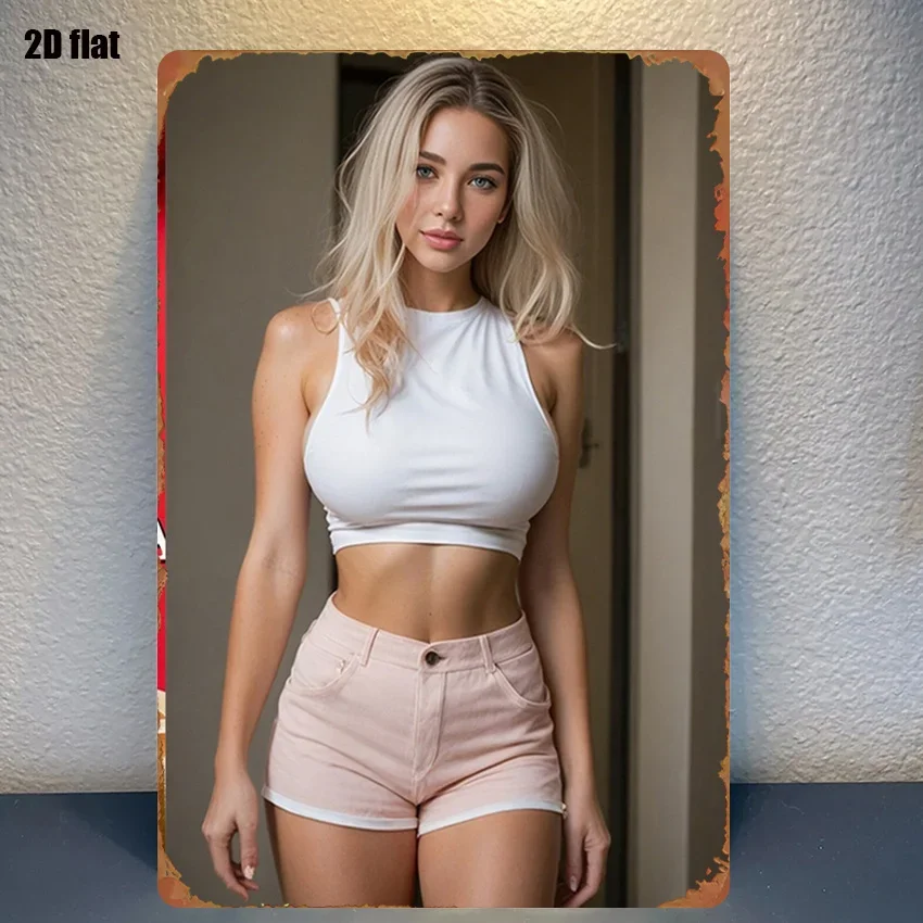 Vintage 2D Flat Blonde Woman in White Tank Crop Top & Pink Denim Shorts Tin Sign - Retro Indoor Portrait Metal Wall Art Decor