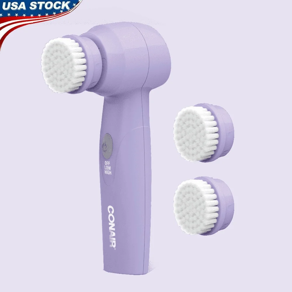 

Щетка для очищения лица на батарейках с 3 насадками, 2-скоростной вращающийся на 360 градусов водонепроницаемый отшелушивающий и массажный инструмент