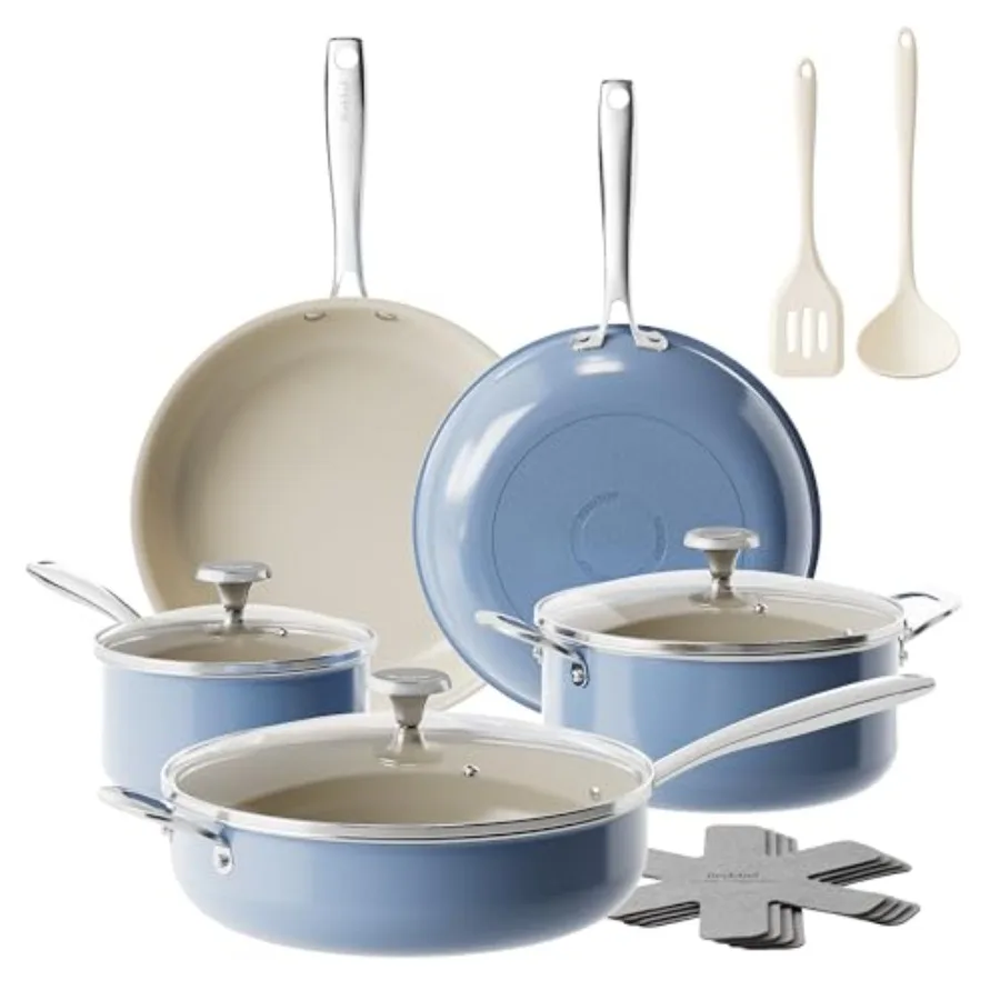 

Набор керамической посуды с антипригарным покрытием, 14 предметов, кастрюли и сковороды, безопасные для индукционных плит, с ручками из нержавеющей стали, нетоксичный кухонный набор, пригоден для мытья в посудомоечной машине