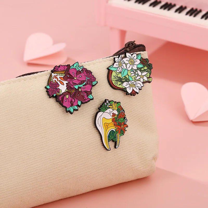 الأعضاء الأزهار المينا دبابيس الجنين الرحم الأسنان الضلع الكبد الكلى الحوض الدماغ الرئة دبابيس التلبيب شارات حقيبة مجوهرات هدية بالجملة