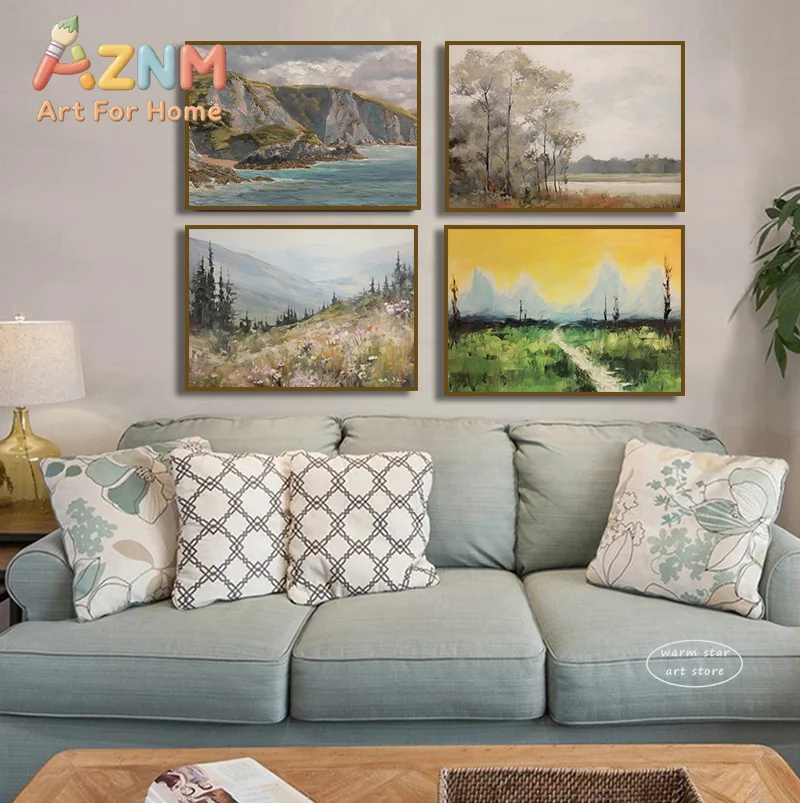 1pc framless Canvas Painting Rustic Mountain Flower Vintage Forest Landscape Oil Painting Canvas Poster Wall Art Prints Nature A