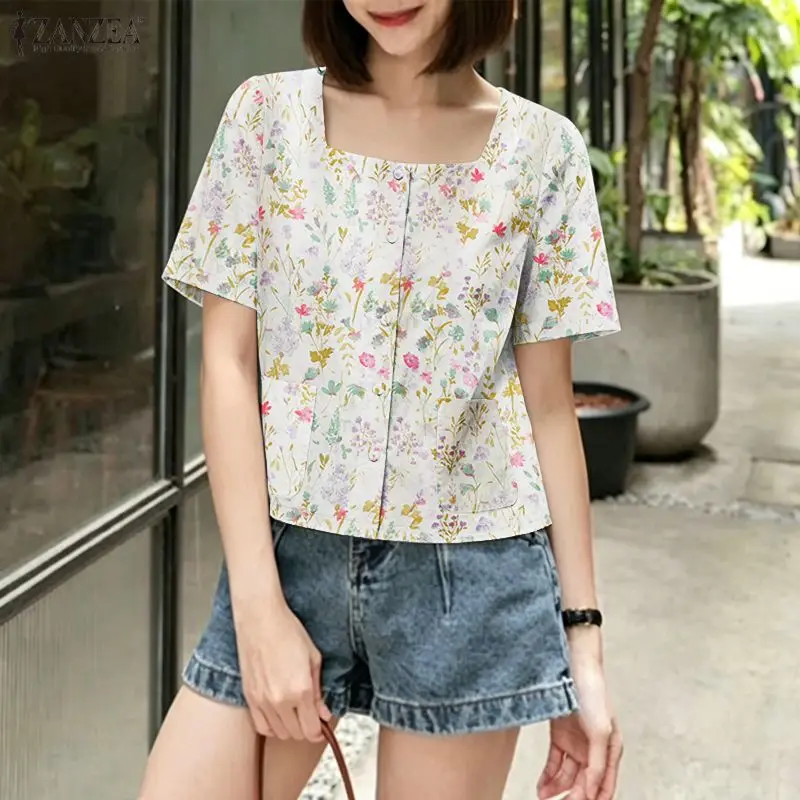 Women's Allover Floral Printing Short Sleeve Shirts Elegant Square Neck Button Up Blouses ZANZEA Summer Casual Day Chemise Femme