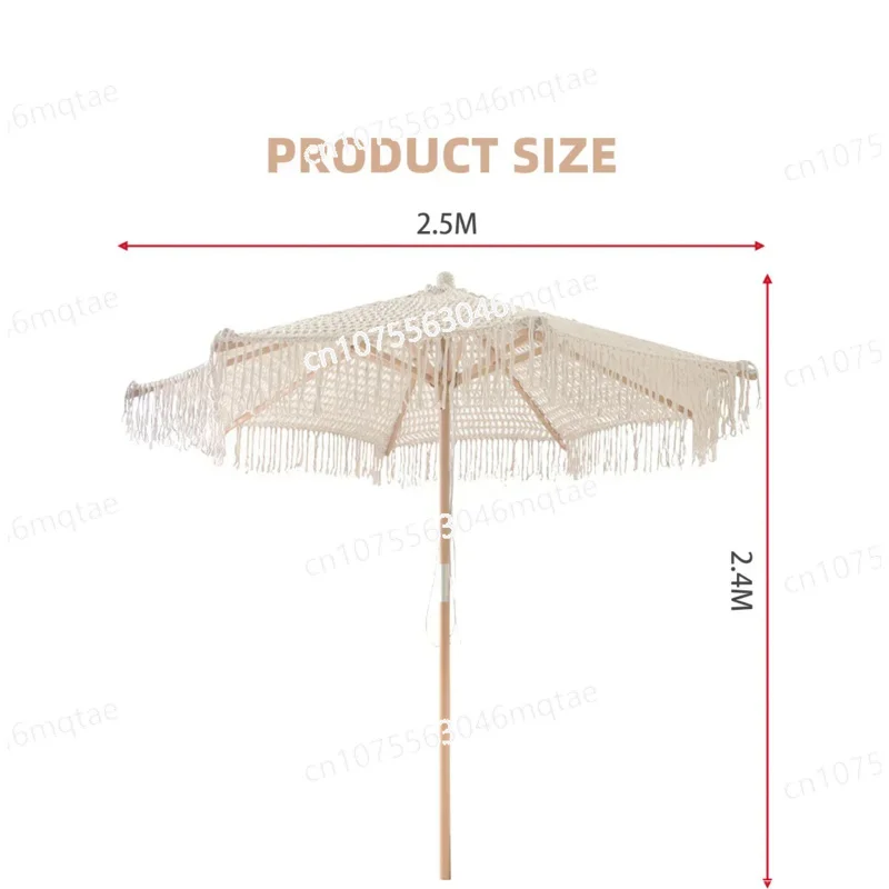 Bohemia Cotton Rope Parasols 2.5M Wooden Pole Handmade Tassels Woven Canopy Beach Umbrella with Macrame Fringe