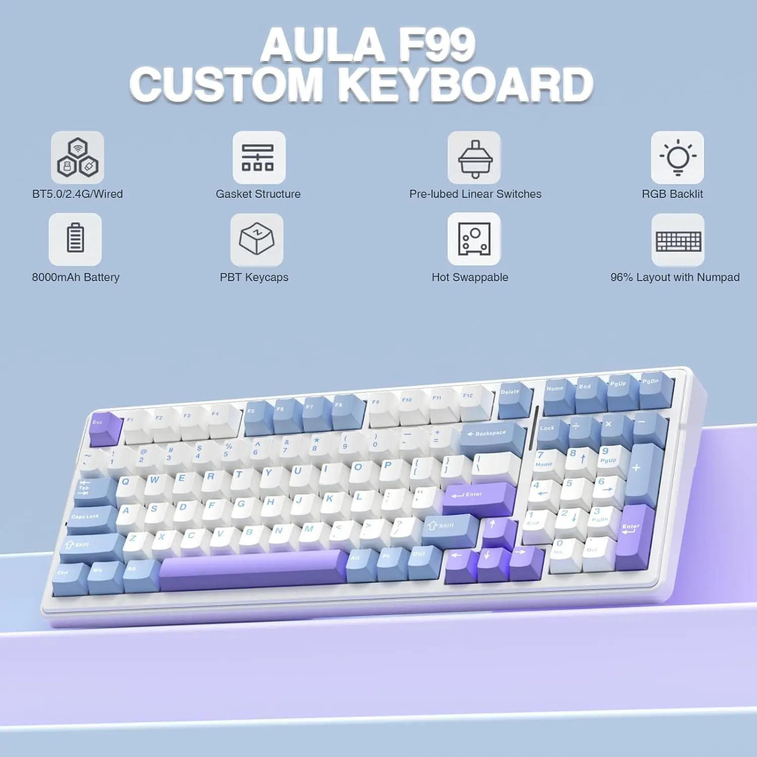 Aula F99 Gaming Keyboard Three Mode 2.4G Wireless Bluetooth Wired Hot Swap PBT Gasket RGB For PC Laptop E-Sports Gamer 99 Keys