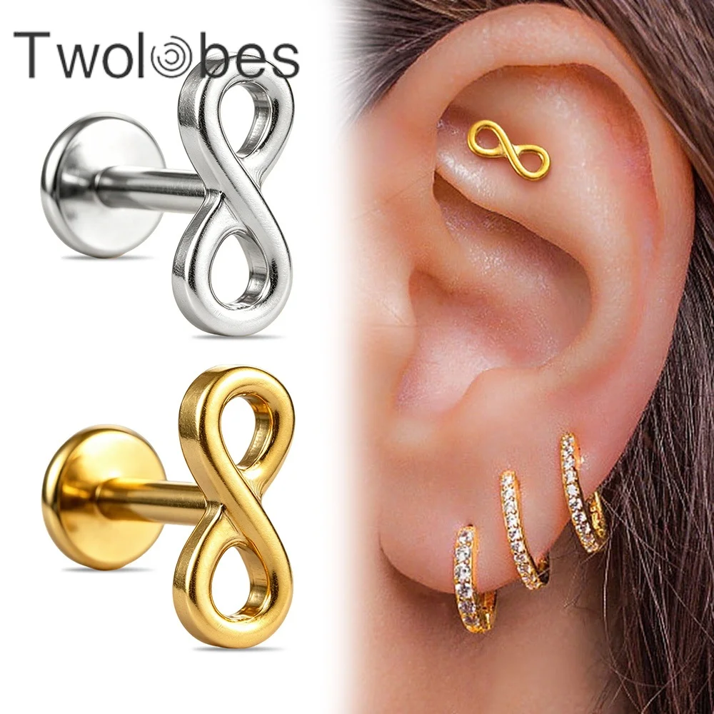 Twolobes 1PC Titanium Infinity Symbol Labret Piercing Internally Threaded Flat Back Ear Studs Helix Tragus Cartilage Jewelry