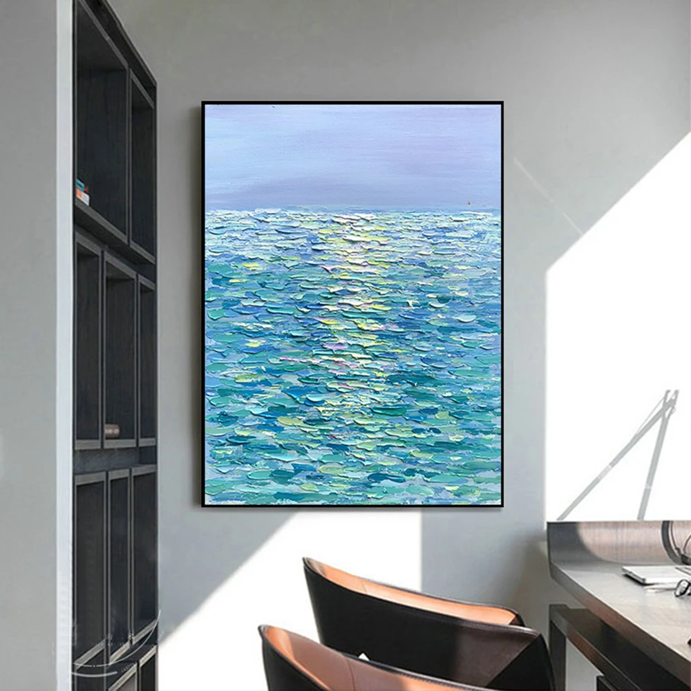 

Original Hand-Painted Oil Painting Modern Decorative Painting Living Room Abstract Thick Oil Sea Decor Landscape Knife Painting