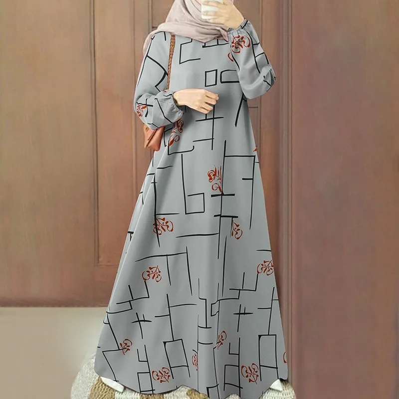 

2025 new casual loose round neck long printed dress long dress Z156