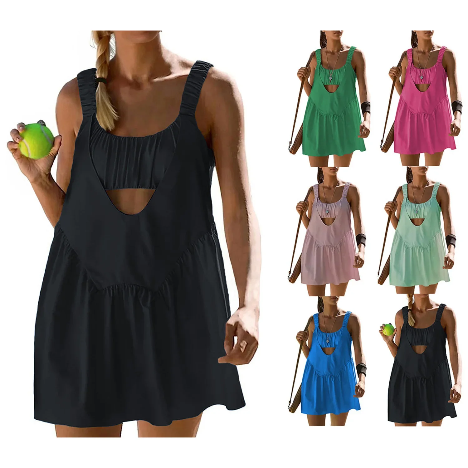 2025 New Arrival Women's Sexy Halter Backless Outdoor Sports Yoga Tennis Skirt Dress + Shorts Set Hot Sale Fashion Party Clothes