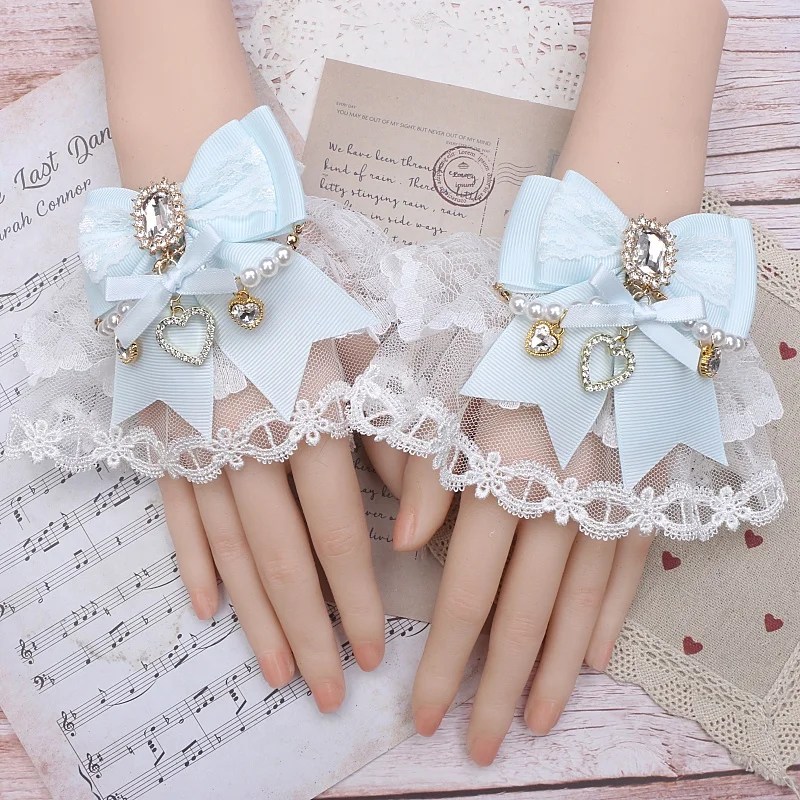 Handmade Japanese Mine Ornament Mittens Girl Women\'s Lolita Sweet Bow String Pearl Flower Wedding Rhinestone Lace Oversleeves