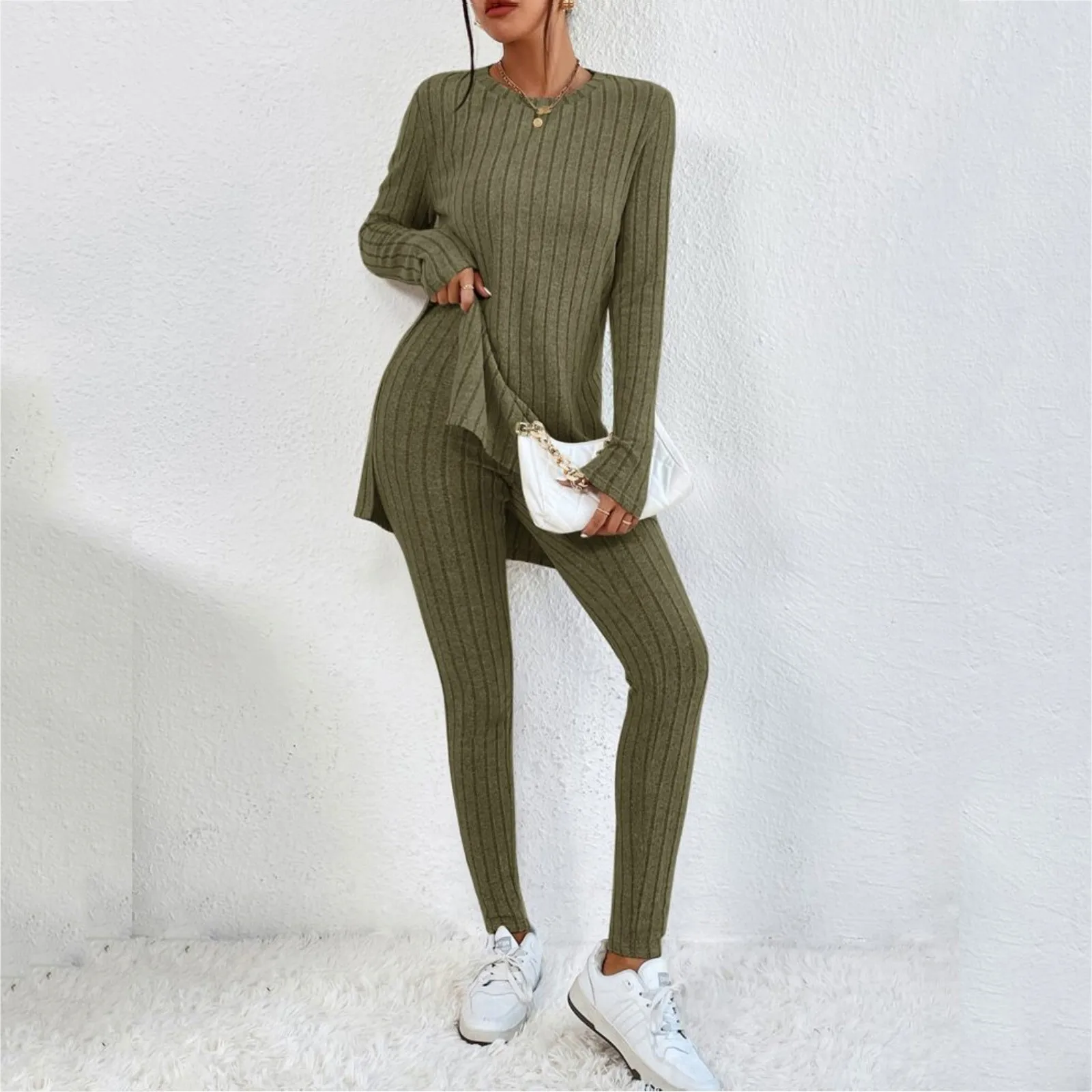 Casual Two Piece Set Women Outfits 2024 Autumn/Winter New Fashion Solid Knitted Long Sleeve Sweater & Loose Pants Suit Elegant