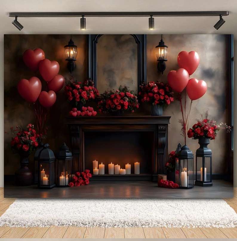 Toile de fond de la fête de Léon, rétro, château européen, cheminée, coeur d'amour rouge, ballon, fleur, décoration de fond de photographie de fête de mariage