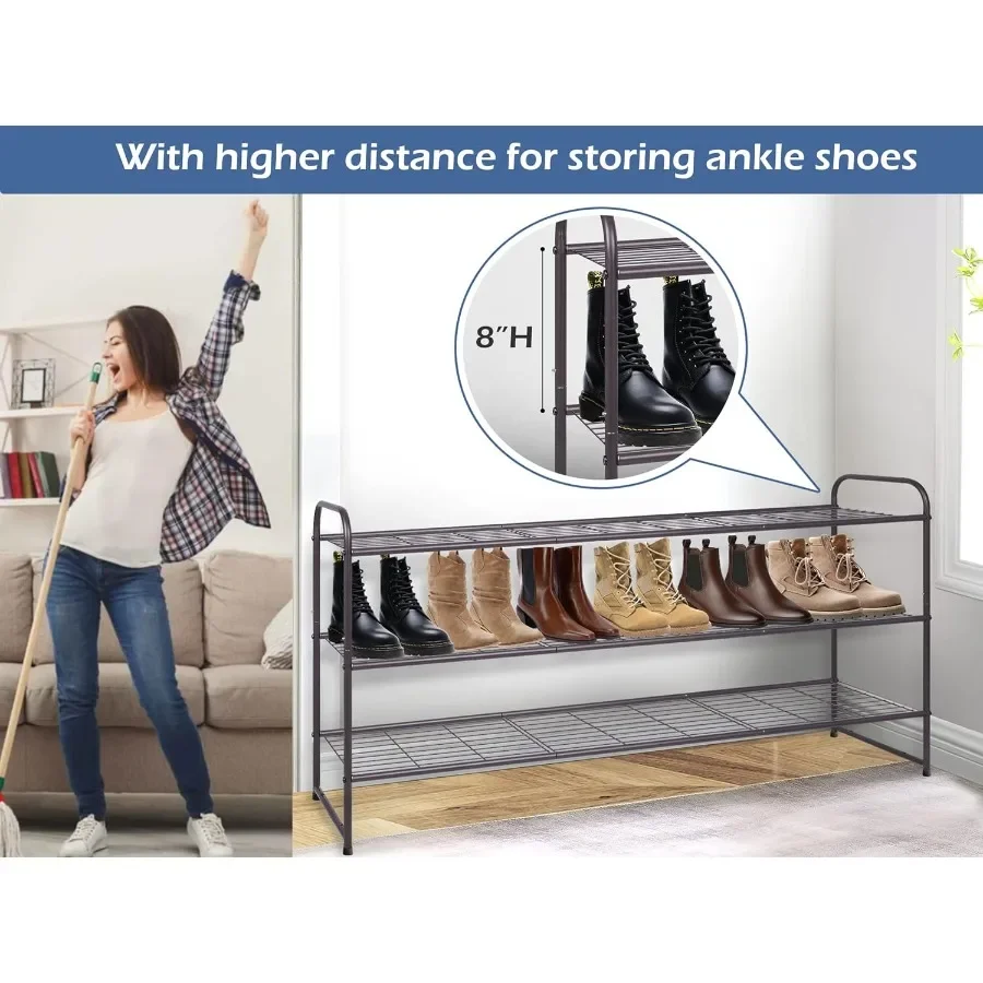 رف أحذية طويل من 3 طبقات لمنظم تخزين الأحذية العريض ورف أحذية معدني قابل للتكديس لـ 24 زوجًا من الأحذية الرياضية الرجالية مع شبكة سلكية
