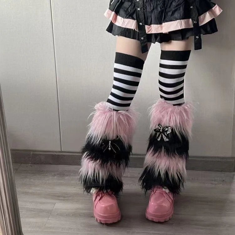Winter Gradient Plush Anti Fur Legwarmers Spicy Girl Sweet Cool Ins Y2K Subculture Mid Calf Legwarmers Pink Fur Sock Warmers
