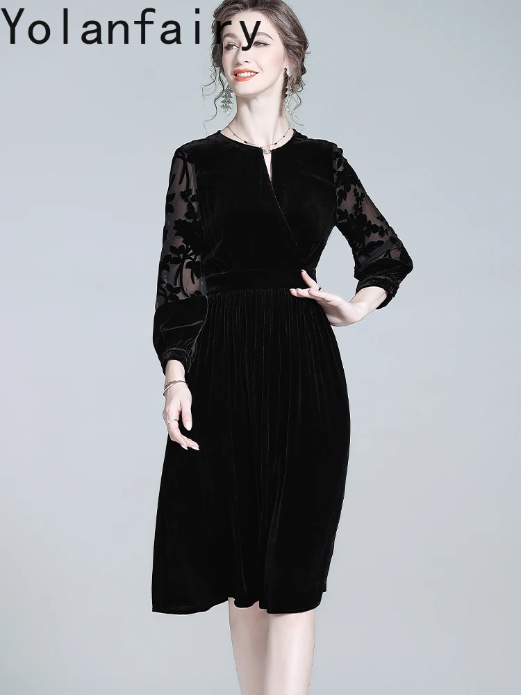 YOLANFAIRY Brand Real Silk Velvet Dresses for Woman Autumn French Elegant Women Clothing Black Dress Fashion Black Evening Dress