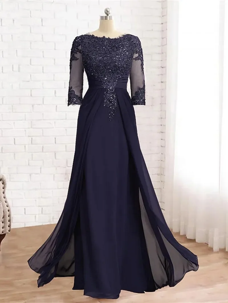 Sheath Grape Mother of the Bride Dress Elegant Jewel Half Sleeves Sequin Appliques Chiffon Wedding Guest Party Gowns New