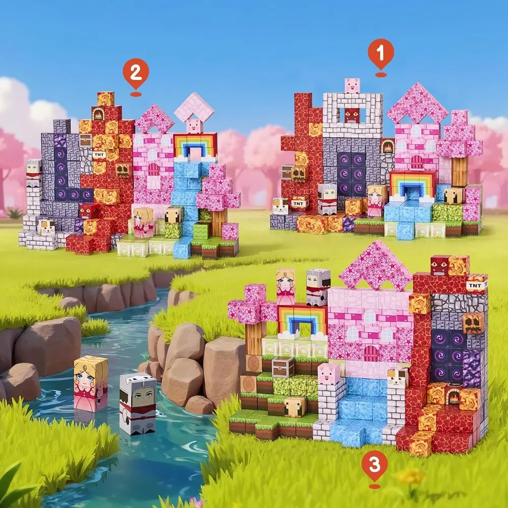 Blocos de construção de haste magnética rosa floresta de 200 peças para crianças de 3 a 12 anos, ideais para crianças e presentes de aniversário