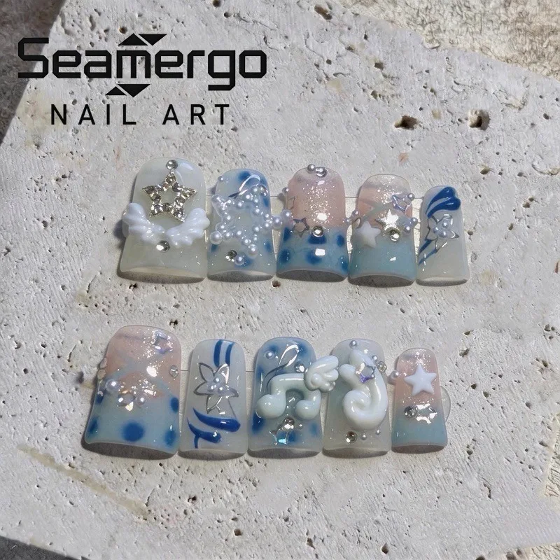 

10PCS Duckbill Handmade Press on Nails Sweet Cool Blue French False Nails 3D Angel Wings Star with Pearl Fake Nails Spice Girls