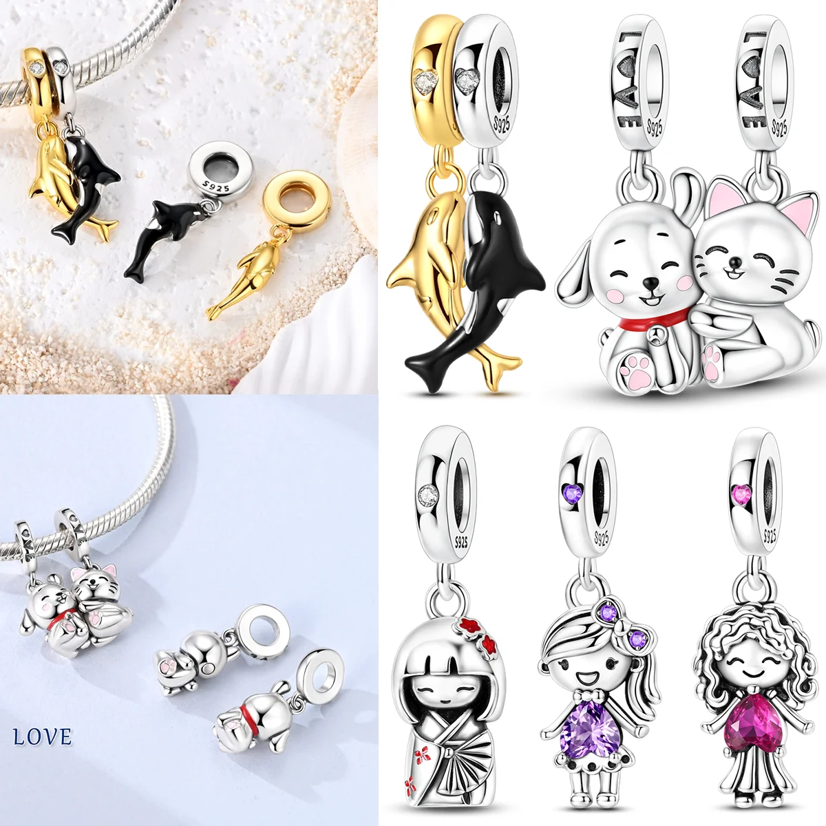 925 Sterling Silver Lover Charms Bead CZ Zircon Girl And Boy Friendship Pendants Fit Original Bracelet DIY Jewelry Gift