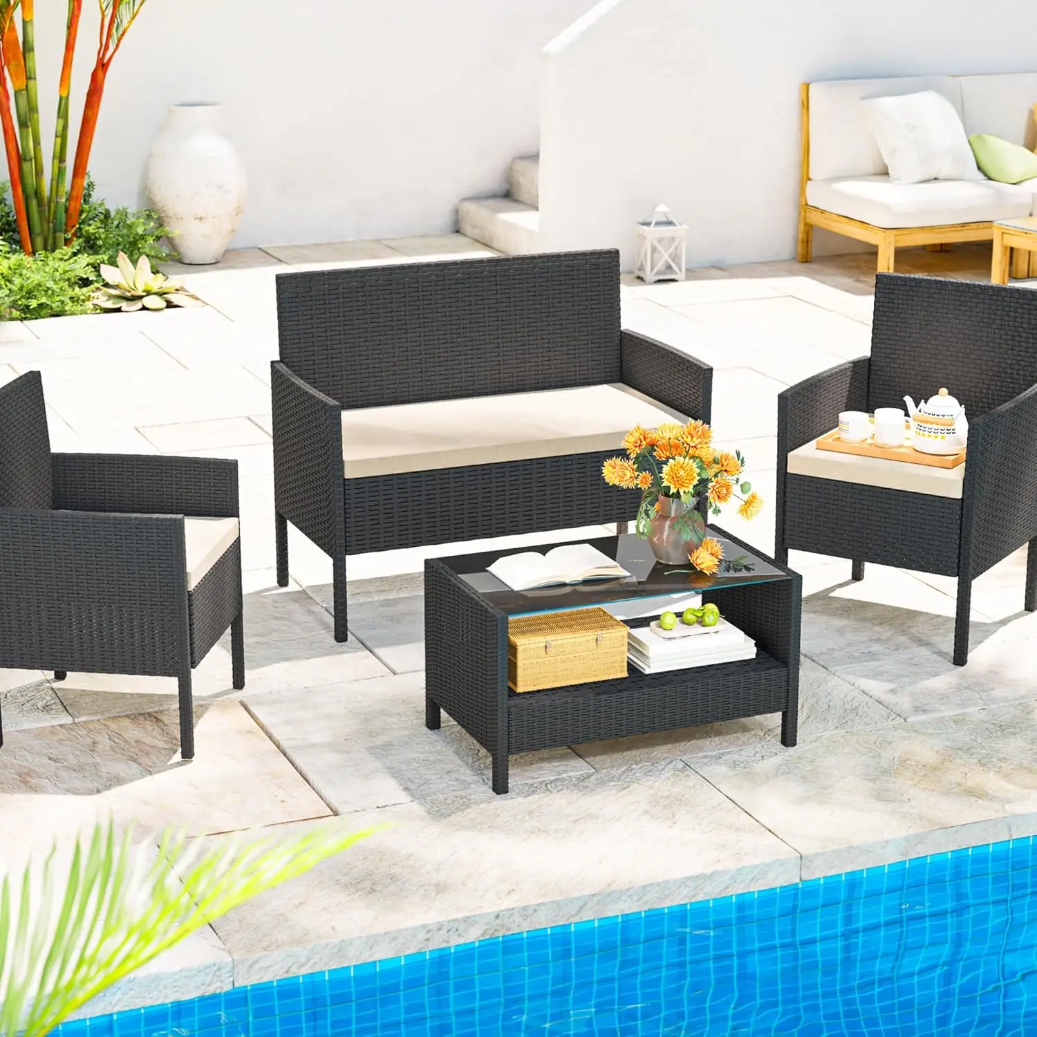 Gurexl 4 Pieces Patio Outdoor Furniture Sets,Rattan Chair Wicker Garden Conversation Sets With Soft Cushion And Glass Coffee