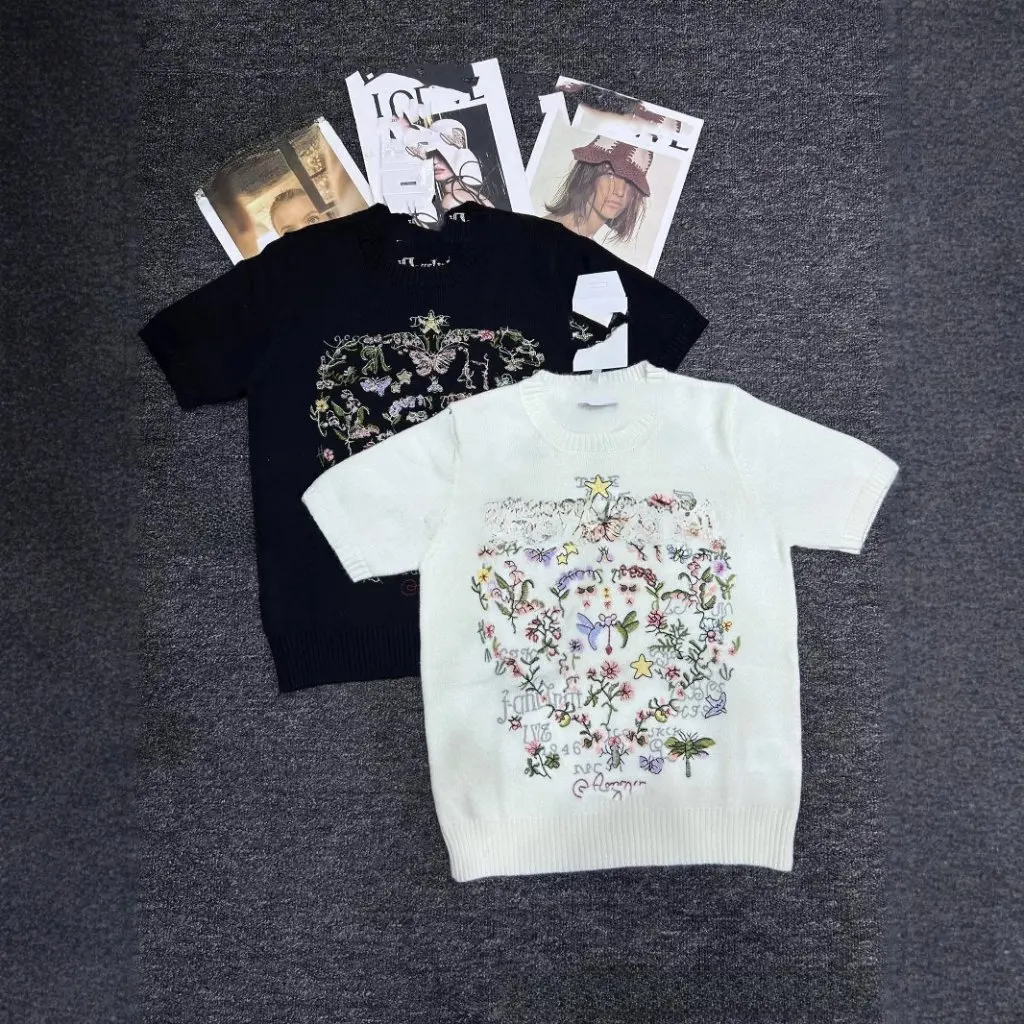 

Shenzhen Nanyou High Quality D-Design Colorful Flower Embroidery Joker round Neck Short Sleeve Knitted Women's Fashion Top