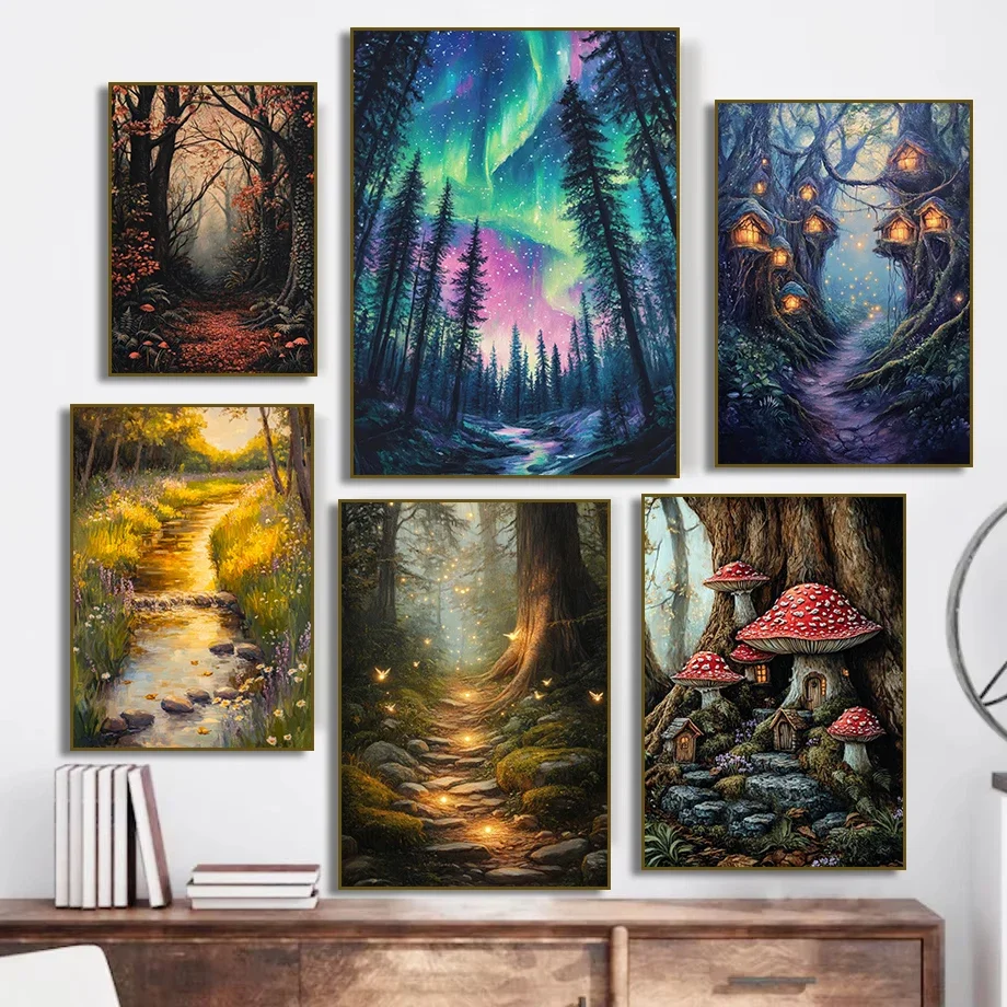 Mushroom Poster Canvas Painting Autumn Forest Waterfall Path Willow Tree Fairies Dark Academia for Living Room Home Decor Pos