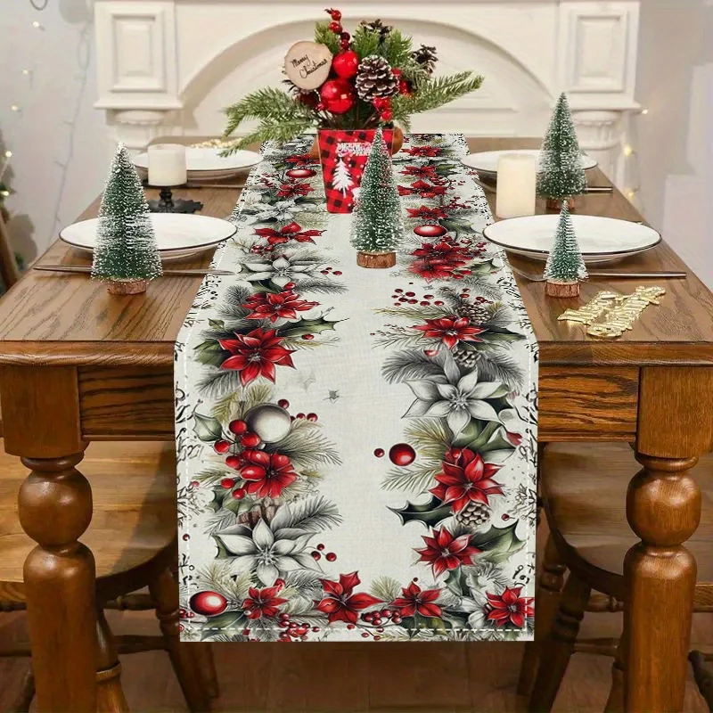 1pc Cozy Gingerbread Christmas Table Flag with Red Poinsettia Vase, for Family Gatherings and Festive Parties