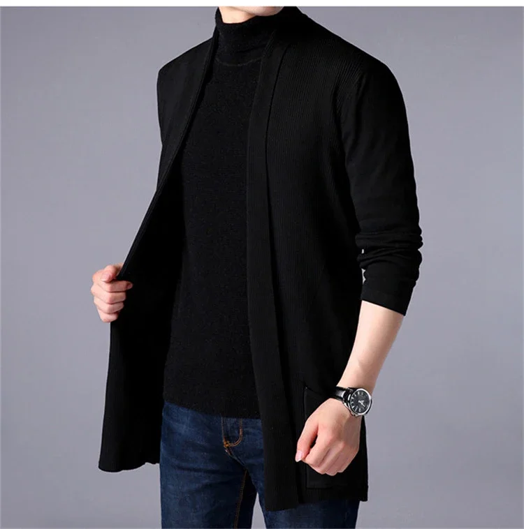 Men\'s Thin Long Style Cardigan Spring and Autumn X-long Knit Sweater Jackets Solid Color Sweatercoat