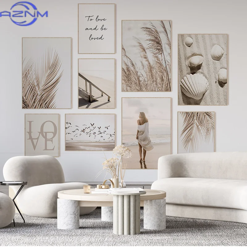 AZNM Beige Beach Love Girl Shell Canvas Wall Art Poster Landscape Leaf Reed Decorative Print Painting Nordic Pictures for Living