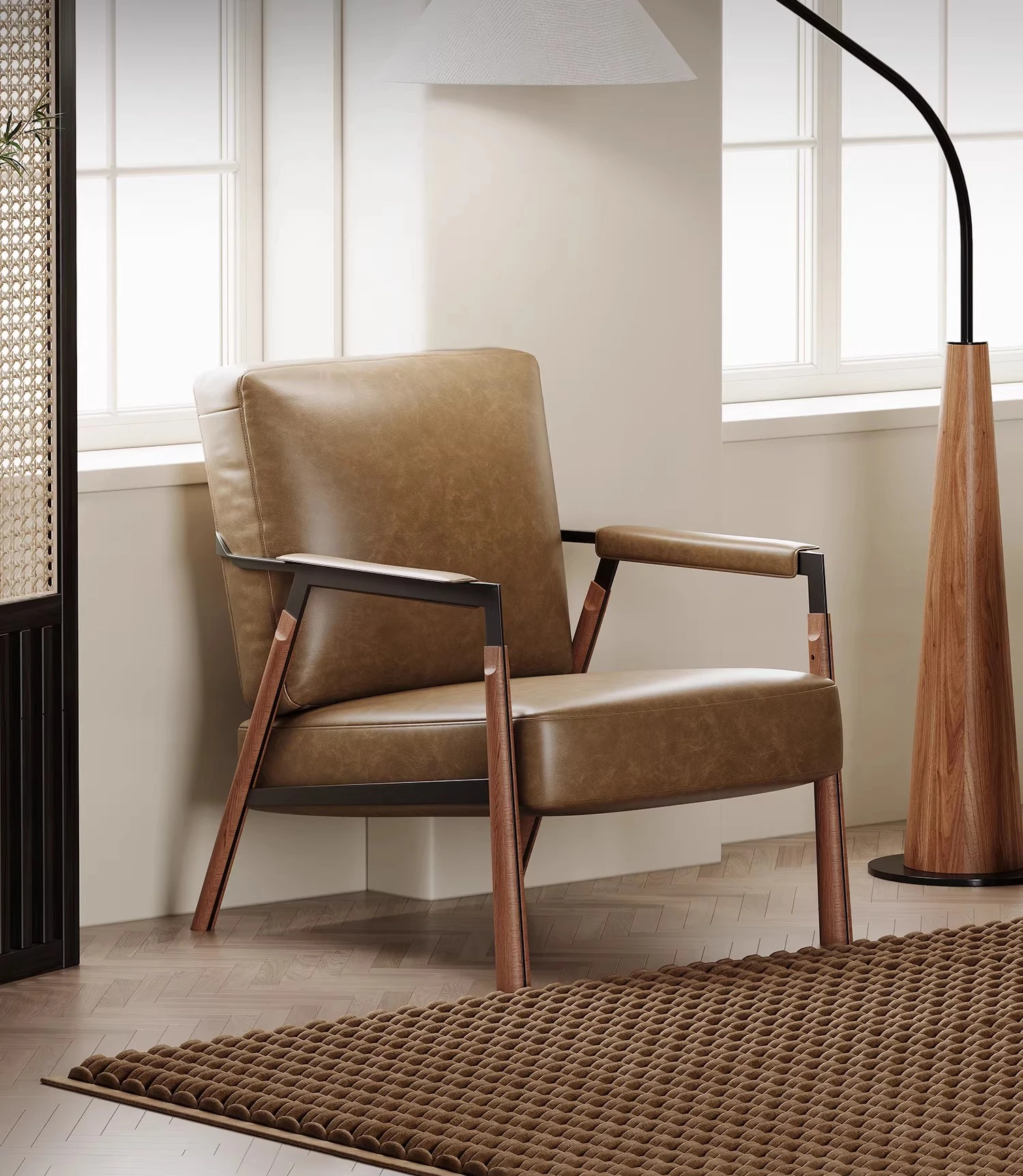 

Medieval leather sofa chair single oil wax leather lazy recliner living room balcony solid wood modern simple leisure chair