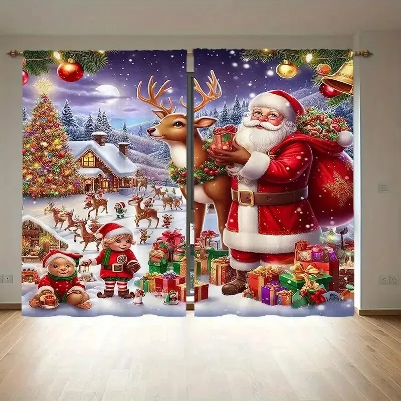 2PCS Digital Print Curtain, Santa with Reindeer and Elves, Gift Boxes and Christmas Village, Moonlit Snow, for Window Home Decor