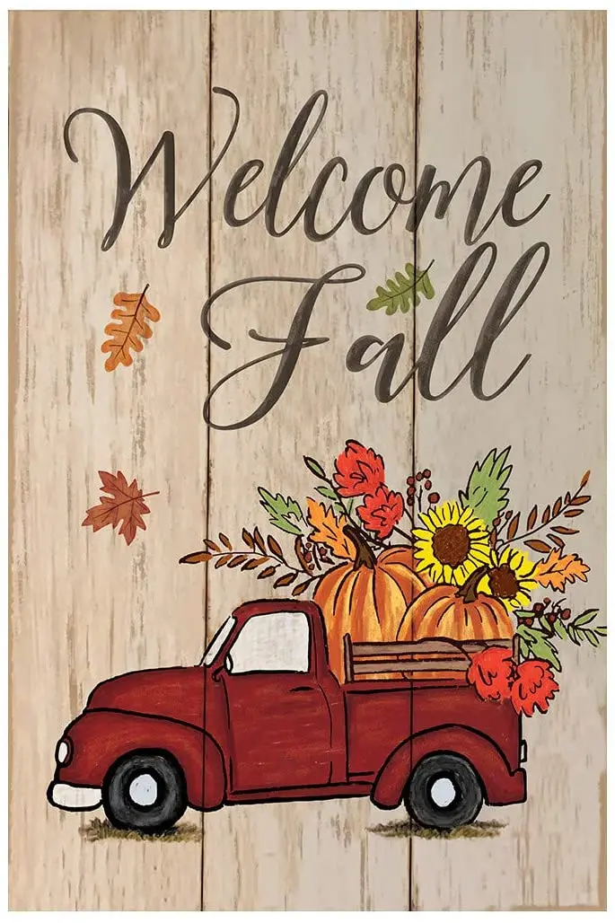 

Welcome Fall Red Truck Decorative Autumn Pumpkin House Flag Double Sided Rustic Harvest Maple Leaf Outdoor Flag Banner for Outsi