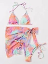 Kobiety tie dye print micro mini sznurek zestawy bikini trzyczęściowy z siateczkową muszką spódnica strój kąpielowy stroje plażowe