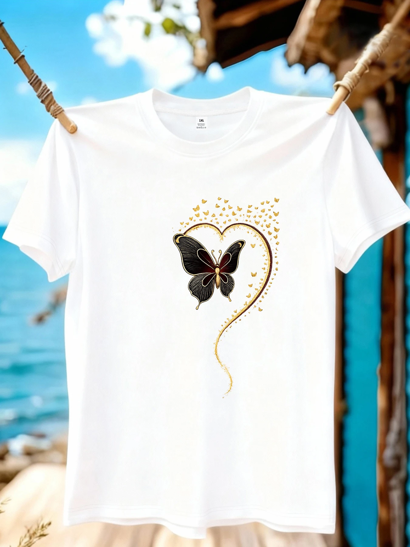 【WZM1041196】Butterfly love print plus size women's round neck summer casual short sleeved street fashion versatile T-shirt