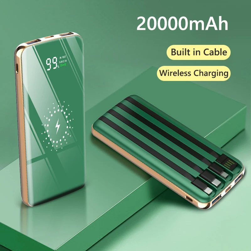 

20000mAh Wireless Charger Power Bank Built in Cables Fast Charging Powerbank for iPhone 16 Samsung S23 Huawei External Poverbank