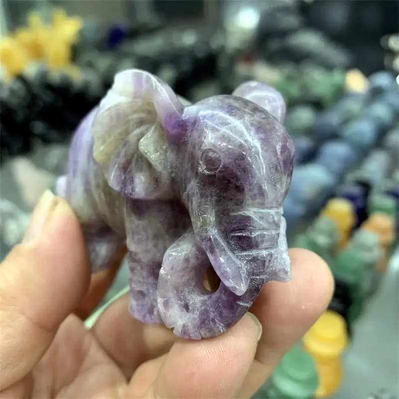 Natural Dream Amethyst Elephant Carving Quartz Healing Crystal Stone Present For Home Decoration 1PCS