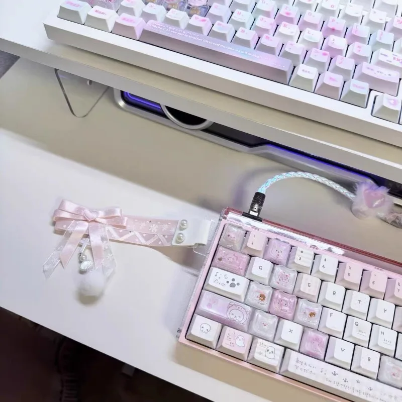 Cute Pink Bow Keyboard Lanyard Handmade Decorative Strap Custom Mechanical Keyboard Accessory for Custom Keyboard for Wooting