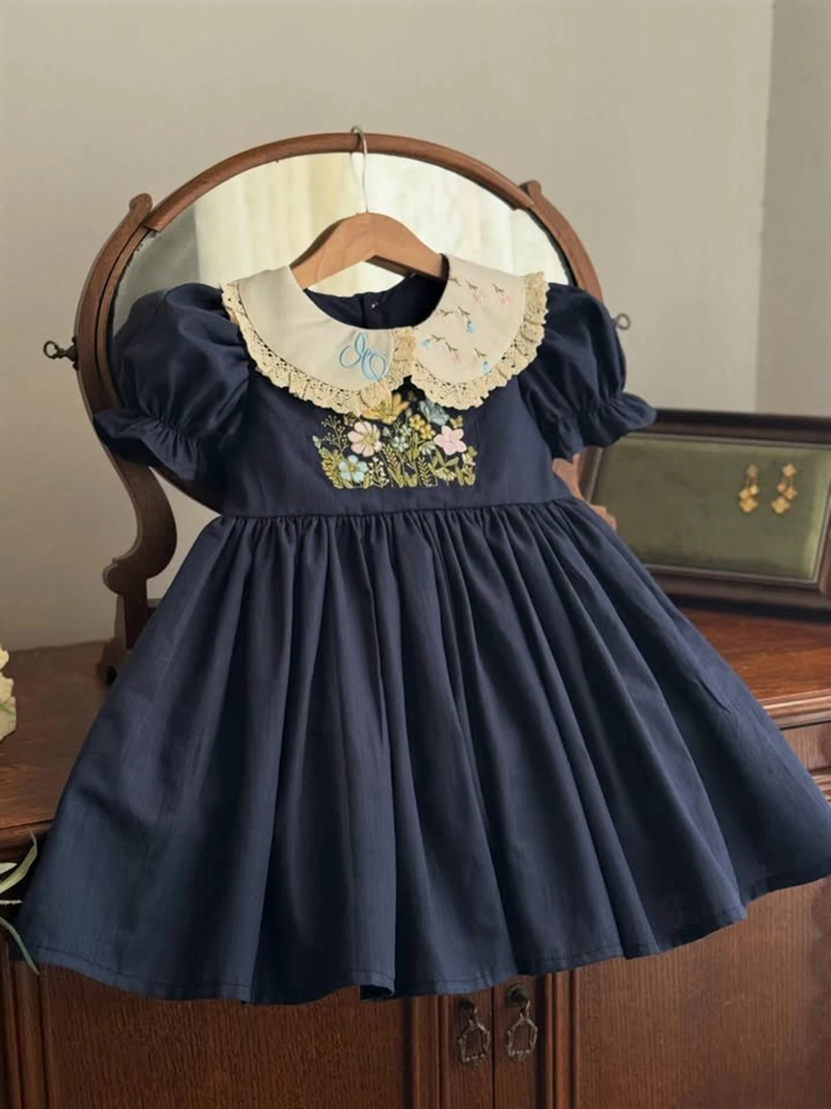Summer Girl Flower Grass Embroidery Lace Deep Blue  Dress for Casual Party Birthday Wedding Photography