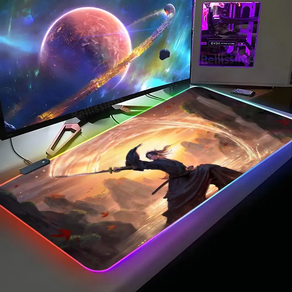 Moon Samurai Mouse Pad XXL RGB Gaming Mouse Pad HD Gamer Large LED Light MousePads PC Carpet With Backlit