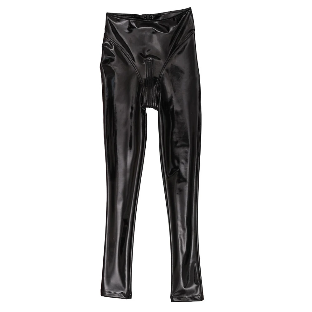 Sexy Women PVC Latex High Waist Tight Pencil Pants Zipper Open Crotch PU Wetlook Shiny Punk Pants Hollow Out Leggings Plus Size