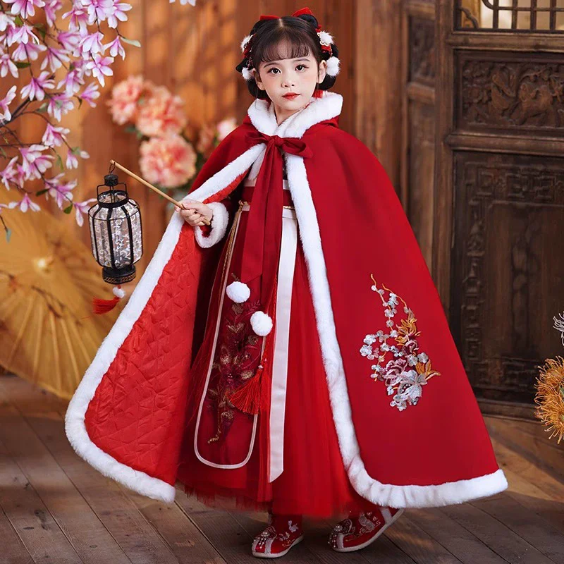 

Зимняя новогодняя одежда, древний костюм, верхняя одежда, накидка Тан, детская одежда, плащ Ханфу, куртка, детское длинное пончо, пальто для девочек