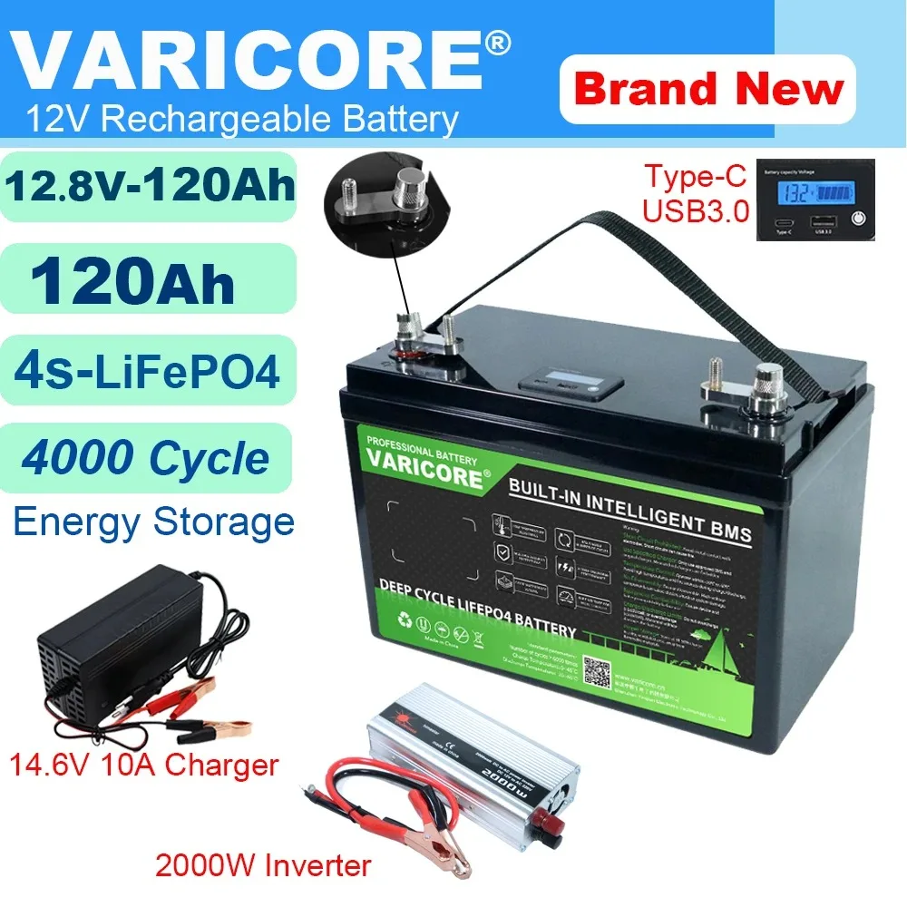 Varicore 12.8v 120ah usb 3.0 tipo-c 12v lifepo4 bateria de lítio 6000 ciclos para inversor carro mais leve 14.6v carrinho de golfe duty-free