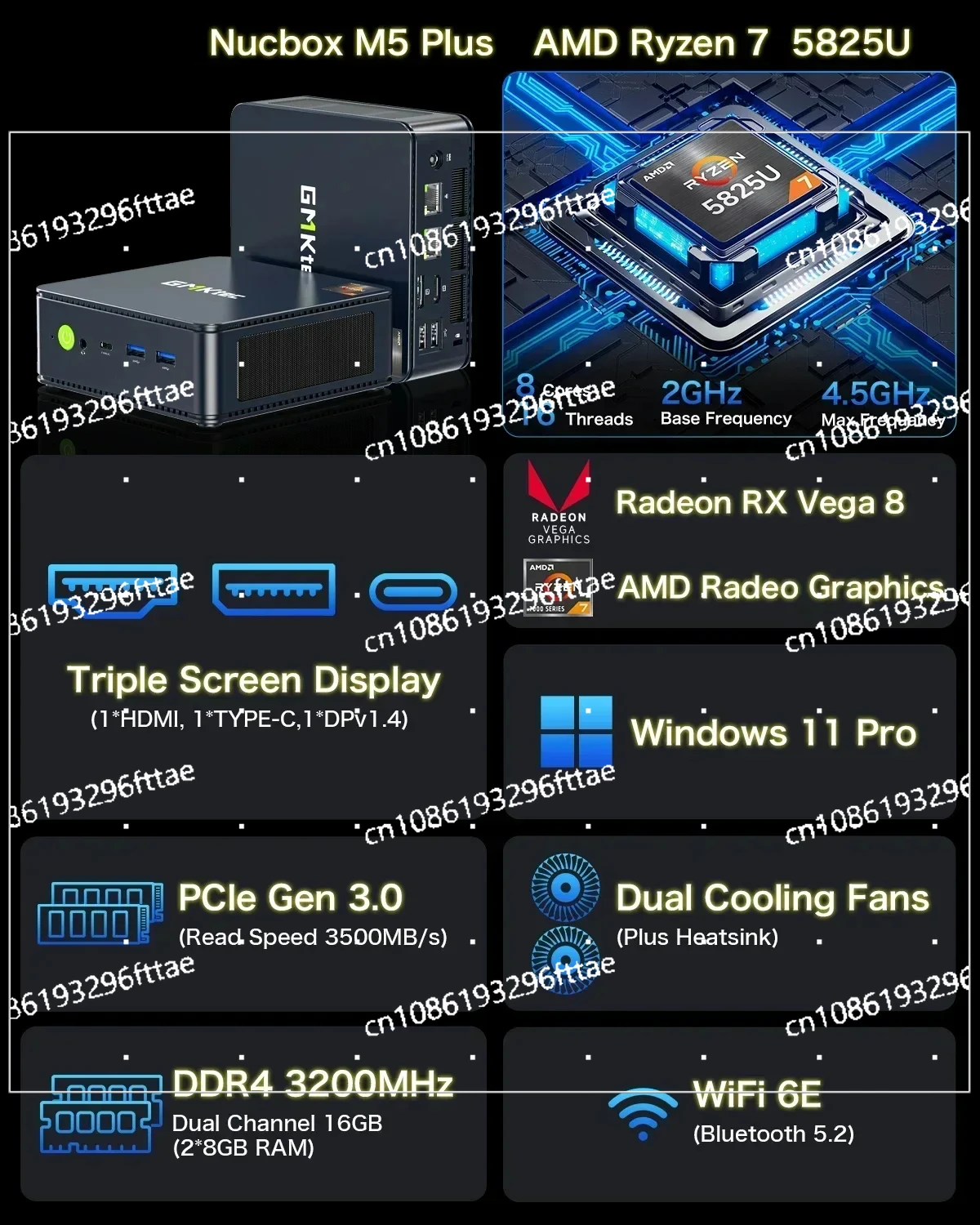 M5 Plus Ryzen 7 5825U Mini PC Windows 11 Pro DDR4 16GB 512GB NVME SSD Wifi6 BT5.2 2.5G Lan Desktop Gaming Computer