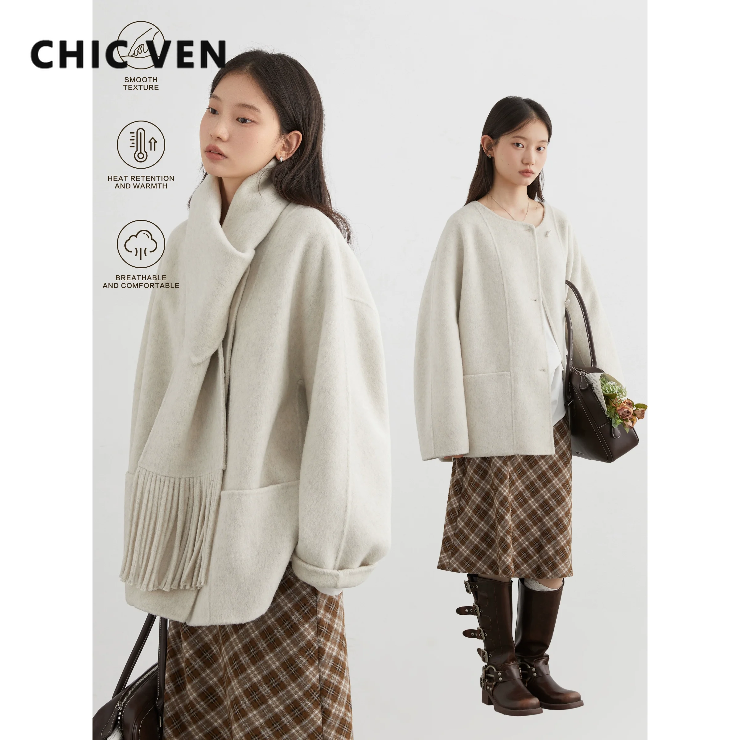 CHIC VEN Women Woolen Coat Solid Loose Single-breasted Overcoats Double Sided Office Ladies Coat with Scarf Autumn Winter 2025